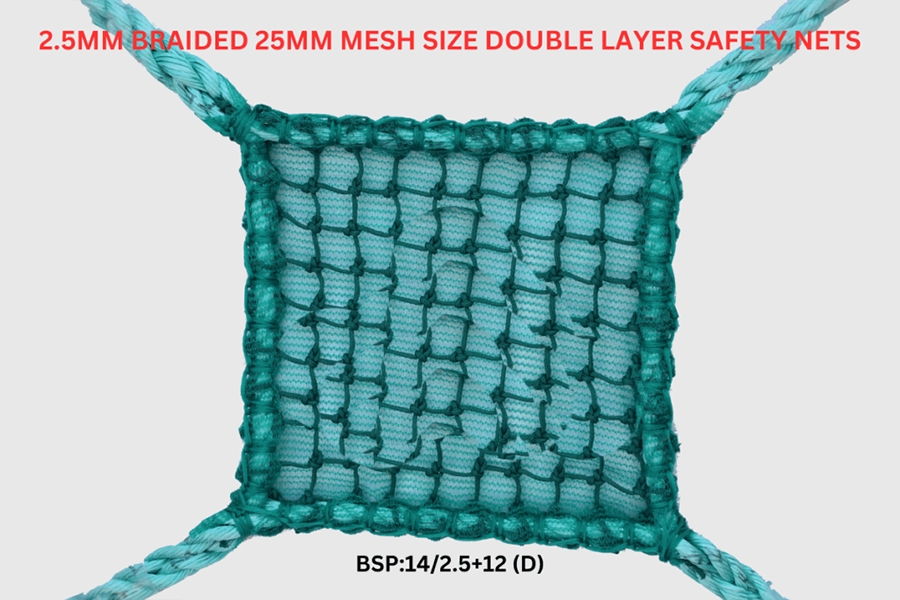 Industrial Braided Construction Safety Nets  2.5mm Braided 25mm Mesh Size Double Layer Safety Nets