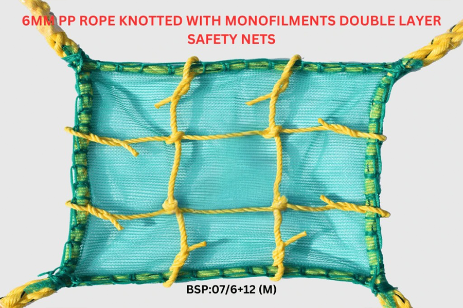 Industrial PP Rope Safety Nets  6mm PP Rope Knotted with Monofilments Double Layer Safety Nets